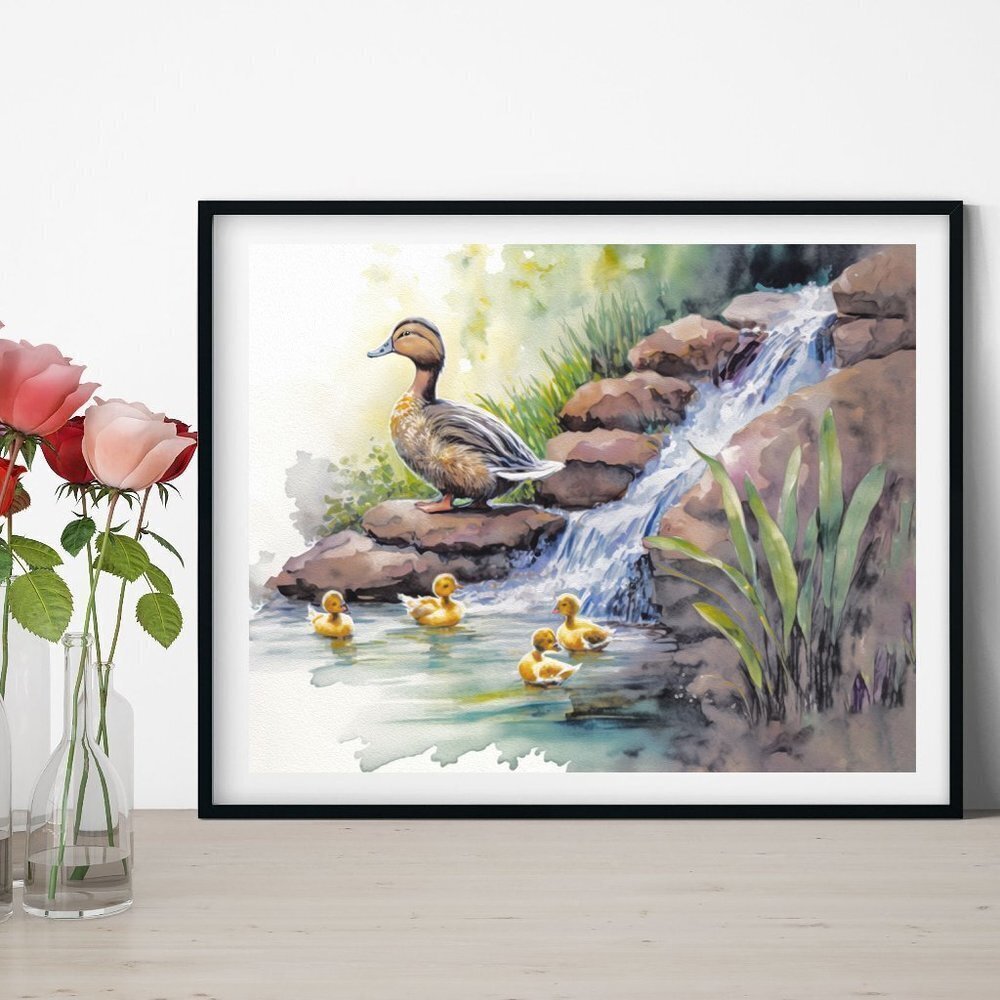 8x10 Duck Family Waterfall Watercolor Oil Painting Art Print
